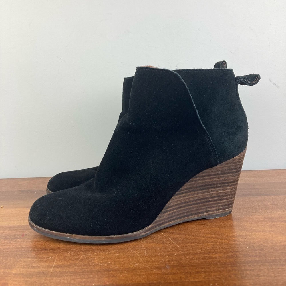 Lucky Brand Yezzah Black Suede Wedge Ankle Bootie Boots Women’s Size 10M. - Picture 1 of 12